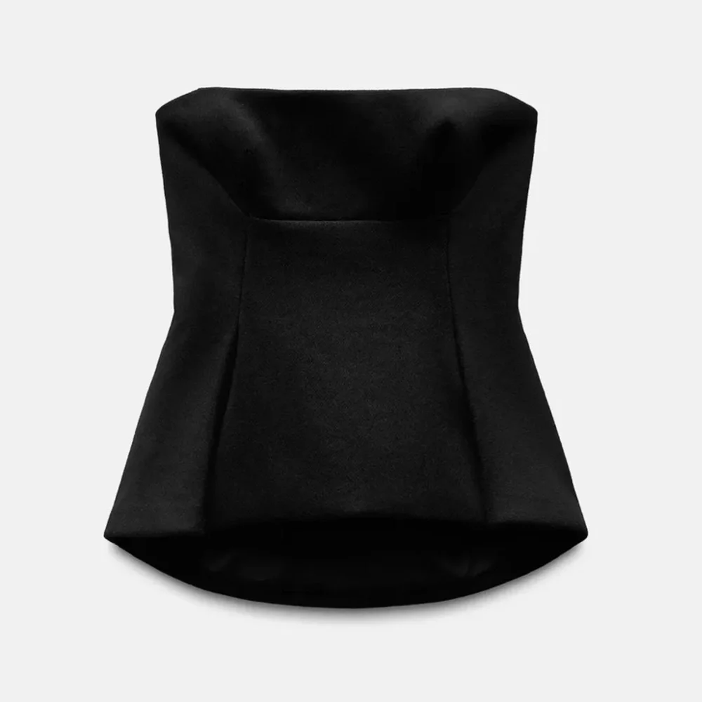 Zara Black Wool Blend Strapless Peplum Top straight neck Pleat detail size L NWT - Picture 9 of 16